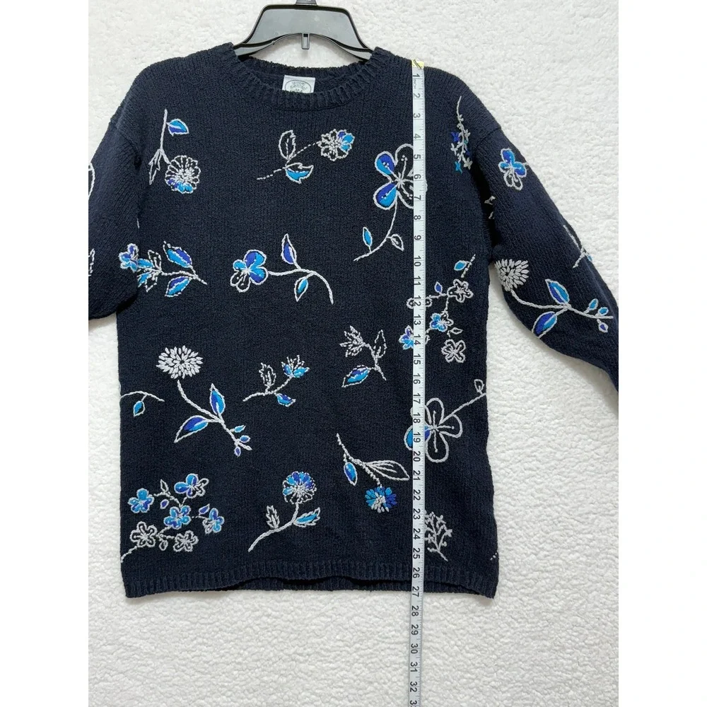 Laura Ashley Womens Floral Knit Sweater Navy Blue Cotton Blend Small‎